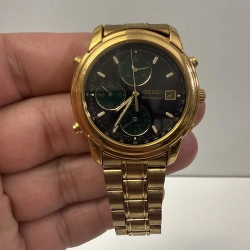 VTG Seiko Chronograph Gold-Tone Date Men’s Watch 7T32-6G40- New Battery (As-Is)