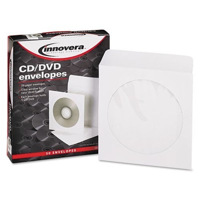 Innovera 39403 CD/DVD Envelopes, Clear Window, 1 Disc Capacity, White, 50/Pack