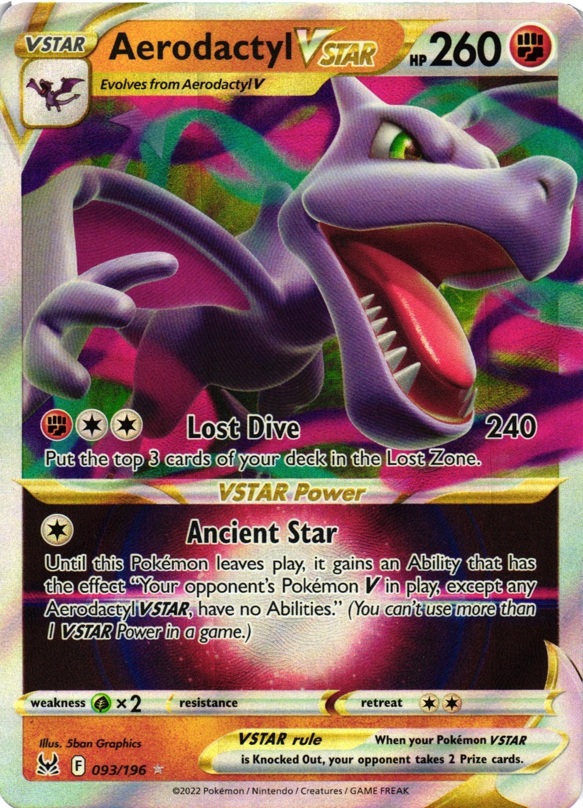 Pokémon TCG Aerodactyl VSTAR Sword & Shield Lost Origin 093/196 Holo Ultra NM