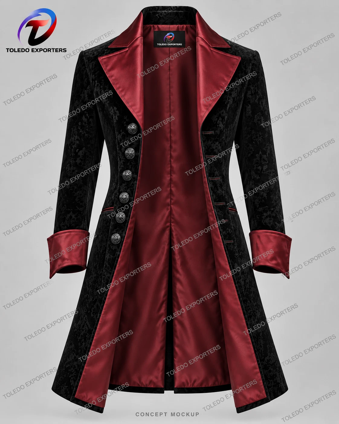 Men’s Gothic Vampire Coat, Black Damask Velvet with Burgundy Lapels and Cuffs - product detail image 2