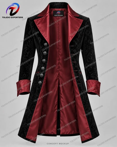 Men’s Gothic Vampire Coat, Black Damask Velvet with Burgundy Lapels and Cuffs image 2