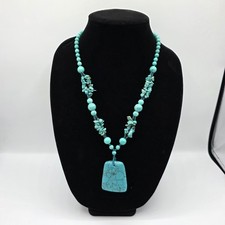 Womens Turquoise Chip Beaded Square Pendant Necklace Summer Beach Boho 34"