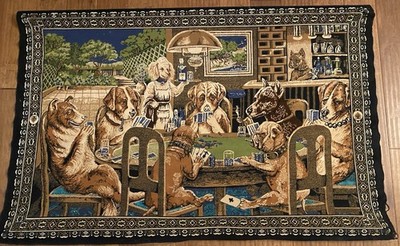 VINTAGE Tapestry of Dogs Playing Poker/Cards -Game Room Decor 55”x 35 ...