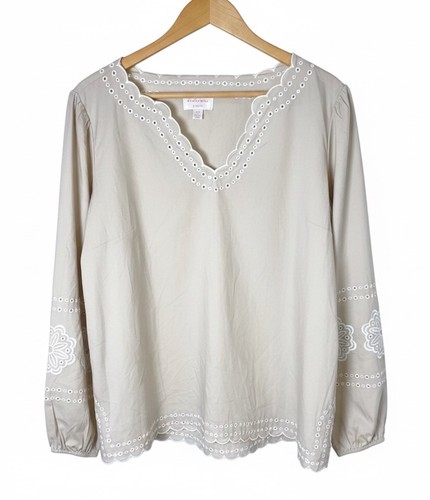 Bellissima Kim Gravel Women’s Large Beige Eyelet Embroidered Blouse Boho Top