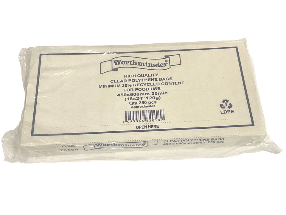 FOOD GRADE BOXED WORTHMINSTER 250pcs CLEAR POLYTHENE BAGS 450mm x 600mm x 30 mic - Image 2 of 4