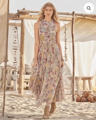 NWT Sundance Catalog Women Jenny Dress Sand Floral Pink Tiered Mesh Maxi  Gown L | eBay