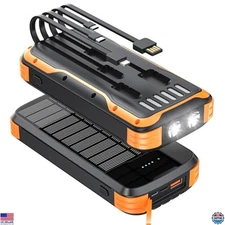 40000mAh Solar Power Bank Charger, Fast Charging, 4 Built-in Cables, Dual