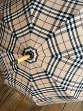 BURBERRY WALKING UMBRELLA VTG CHECK PATTERN CURVED WOOD HANDLE EXC CONDITION