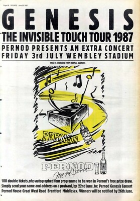 20/6/87PT48 Pernod Presents The Invisible Touch Tour Advert 15X11 Genesis..