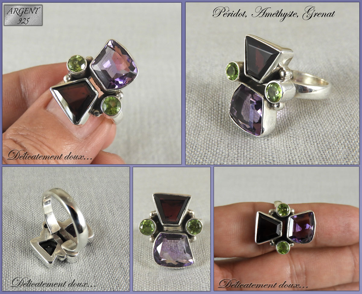 Bague Argent 925 Grenat véritable améthyste péridot naturelle taille 55