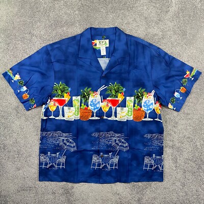 KYS Hawaiian Shirt Mens 2XL Blue Short Sleeve Mia Tais Cocktails Cotton Aloha