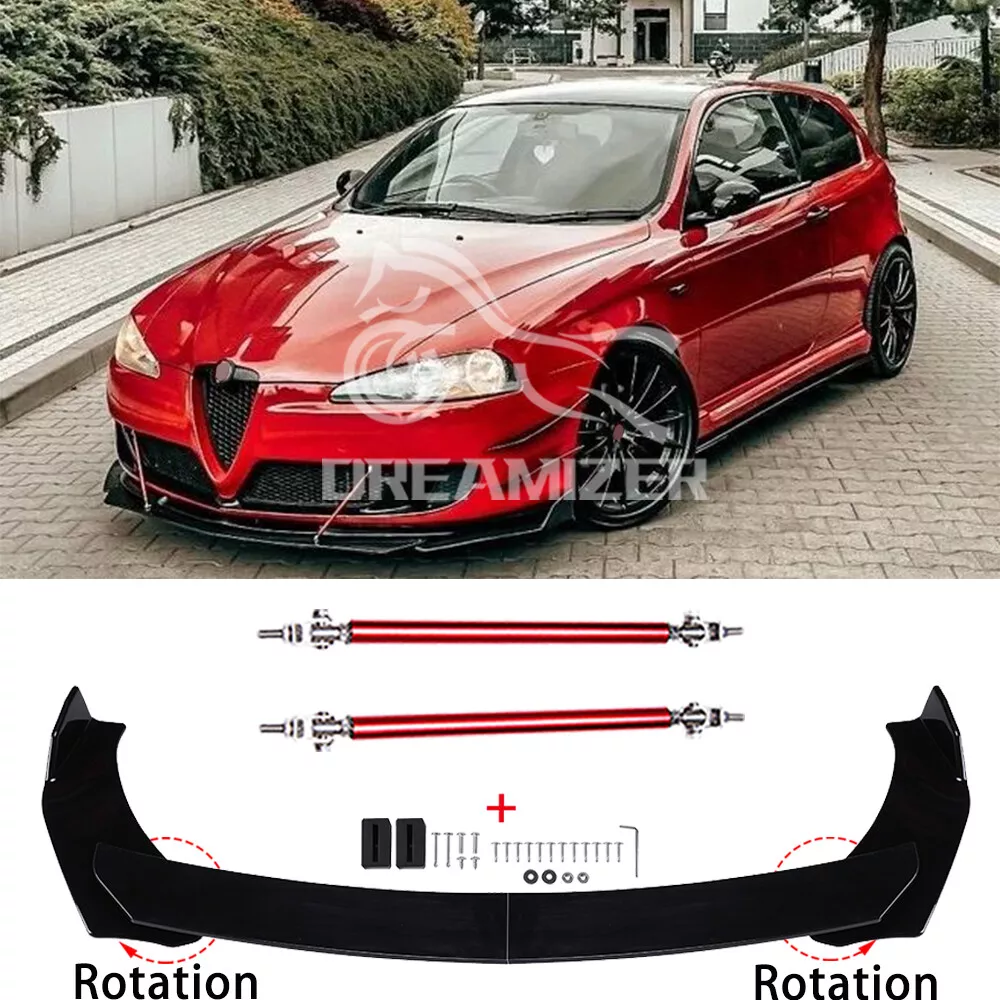 For Alfa Romeo 159 Giulia 147 Front Bumper Lip Splitter Spoiler + Red Strut  Rods