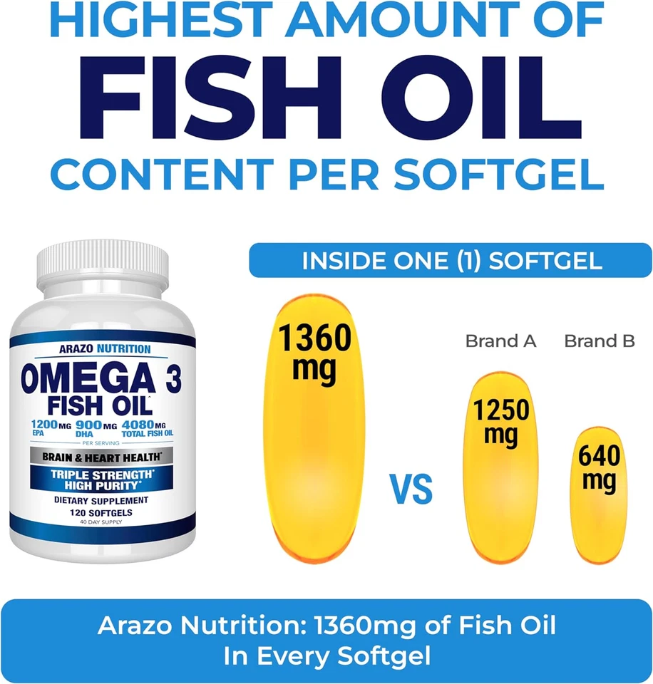 Arazo Nutrition Wild Caught Omega 3 aceite de pescado - 120 geles blandos - 4.080 mg alto EPA  Foto 3 de 4