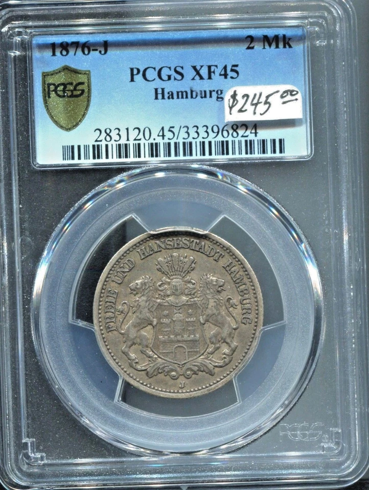 HAMBURG - BEAUTIFUL HISTORICAL PCGS CERTIFIED SILVER 2 MARK, 1876 J , KM# 604 - Image 2 of 3