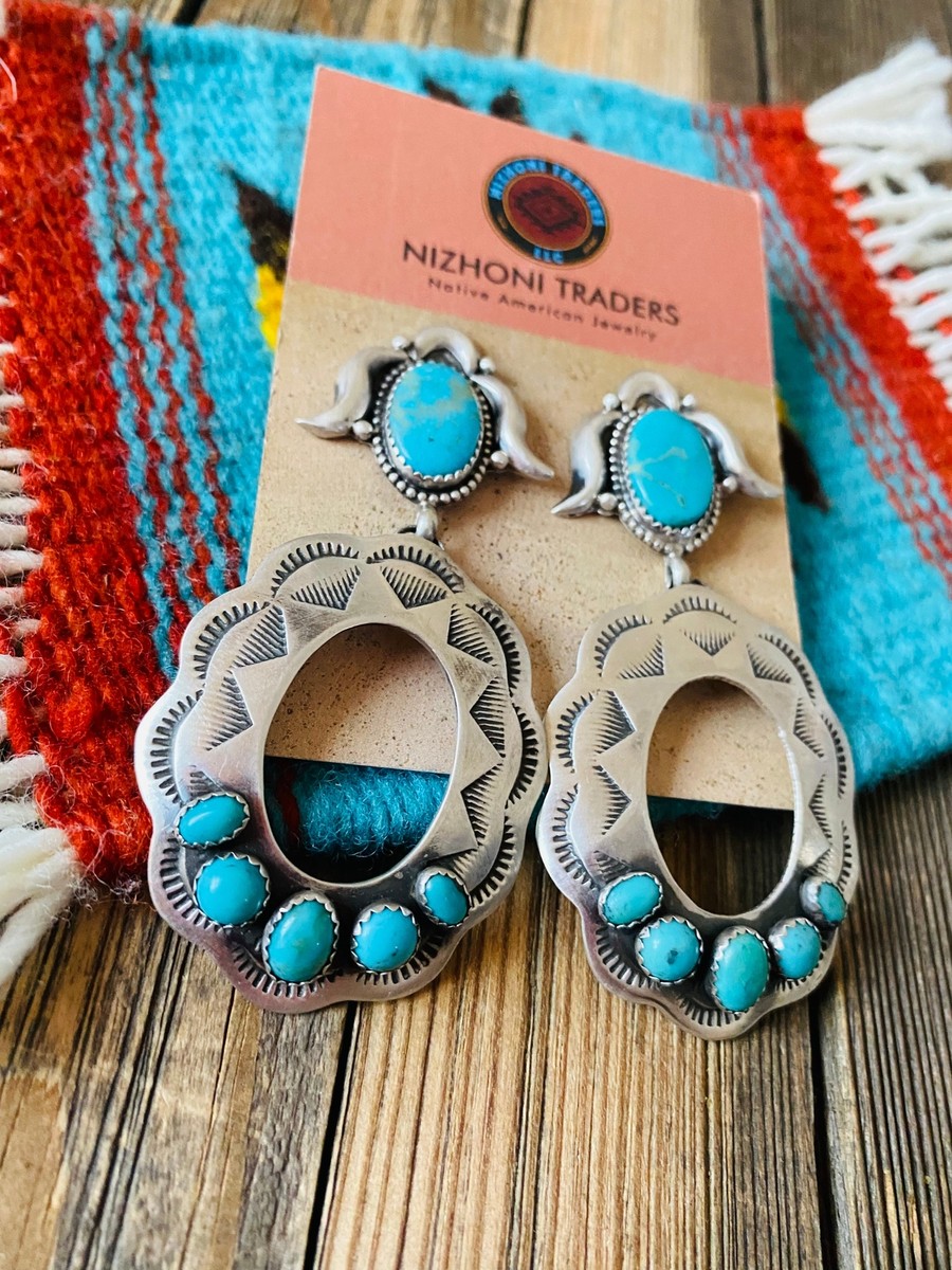 Navajo Turquoise & Sterling Silver Concho Dangle Earrings | eBay