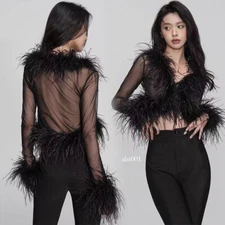 Women Vintage Celebrity Sexy Mesh Feather Party Classic Stage Top Chiffon Blouse