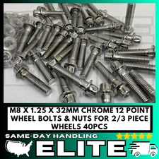 40 Pieces M8 - 1.25 x 32mm 12 Point Flange Bolts For 3 Piece Wheels Chrome