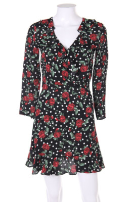 MANGO Kleid Volants Polka Dots Punkte Blumen Print XS schwarz