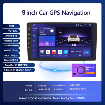 4GB RAM Double 2Din 9'' Android 13 8 Core Car Stereo GPS Radio WiFi CarPlay DSP