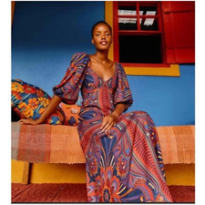 Farm Rio Anthropologie Macaw Arabesque Midi Dress Puffed Sleeves Boho Sz XS