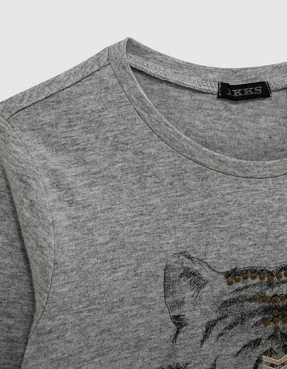 IKKS JUNIOR Girls Grey Printed Long Sleeve T-Shirt Age 9-10 Tiger Studded RRP£32 - Image 3 of 4