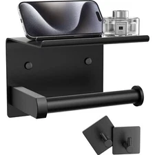 Toilet Paper Holder with Phone Shelf + Towel Robe Hooks, Adhesive or Screw Wall