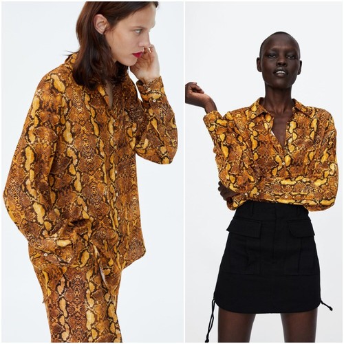ZARA ORANGE/BROWN SNAKESKIN PRINT FLOWING SHIRT SIZE S UK 8 10 - Picture 3 of 12