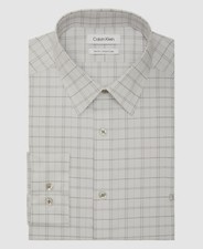  80 Calvin Klein Mens Slim-Fit White Check Stretch Collar Dress Shirt Size L