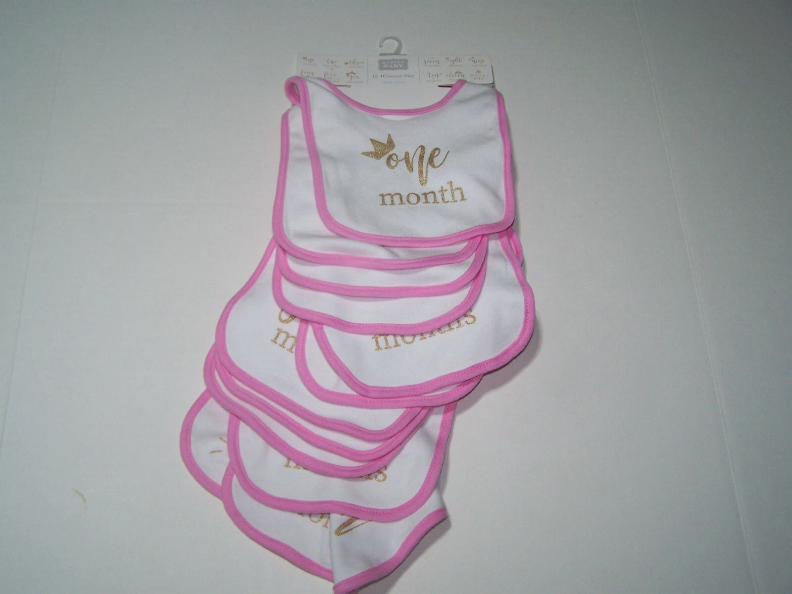 Hudson Baby Girls Bibs 12 Milestone Bibs 100% Cotton White/Pink Glitter Gold New