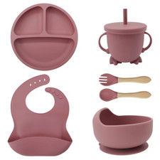 Dunkelrosa 7-teiliges Silikon Baby Fütterungsset - Schüssel, Löffel, Gabel, Tasse, Schale & Lätzchen