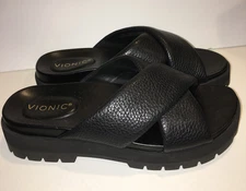 WOMENS NEW BLACK LEATHER ORTHAHEEL VIONIC SLIDES Sandals PLATFORM SHOES SIZE 9 M