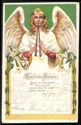 Ansichtskarte Osterengel mit Fanfare und weißen Blumen 1903 