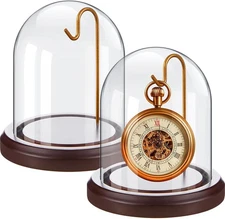 2 Pcs Pocket Watch Glass Display with Hooks Dome Cloche with Wood Base Decorativ