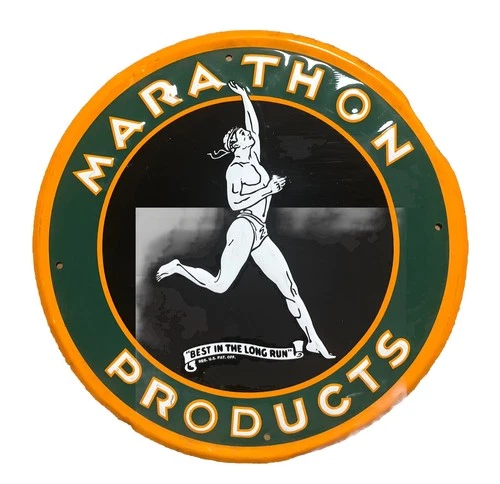 Vintage Marathon Products Gas Oil 12” Round Metal Hanging Sign Best The Long Run