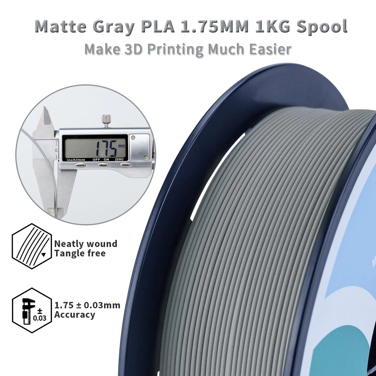 Filament PLA Mat 1.75mm pour Imprimante 3D 1 kg Gris Acide Polylactique