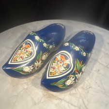 Vintage Dutch Wooden Clogs Hand Painted Blue Floral Windmill 27 cm EU 41/42