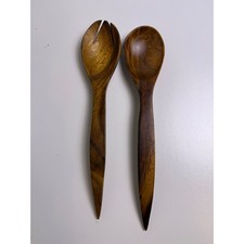 Vintage Hand Carved Dark Wood Salad Servers Set 12 Inch Tapered Handle 2 Piece