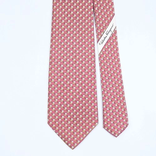 SALVATORE FERRAGAMO TIE Cat on Pink Silk Necktie