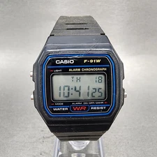 Casio F-91W 593 Watch Men 34mm Digital Black Tone Alarm Chrono New Battery
