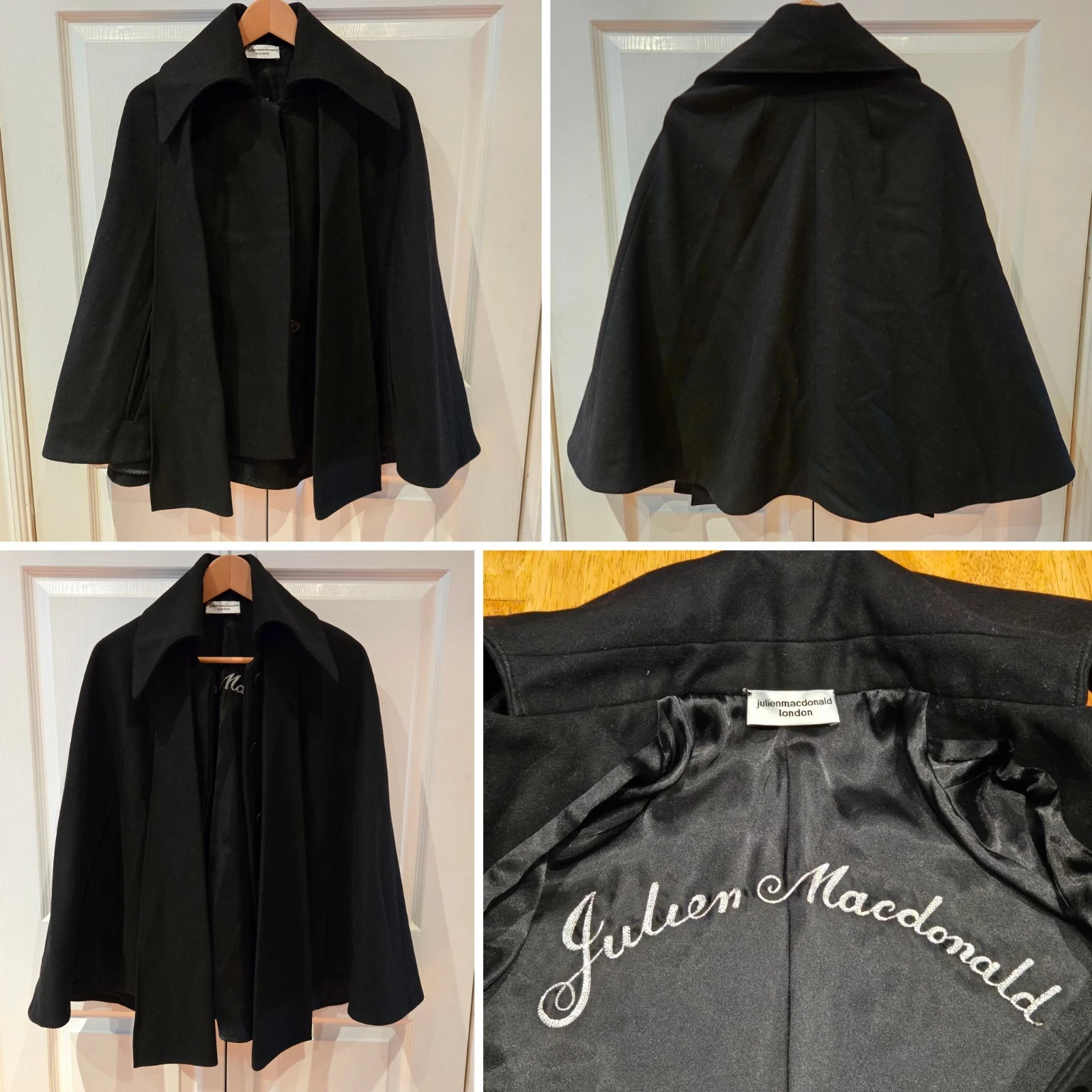 Julien Macdonald Cape Coat Poncho Wool Blend with Scarf Women's Sz Medium Black