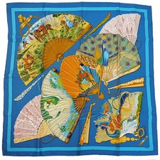 HERMES 90 BRISE CHARME Enchanting Breeze Blue Ladies Silk Fan HE Scarf 90cm