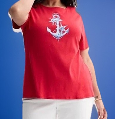 Croft Barrow Sz 3X The Classic Tee Red Cotton AnchorGraphic Short Sleeve Top NWT