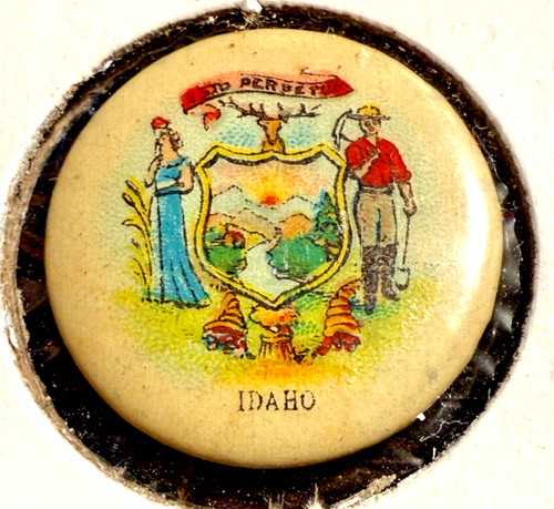 ca 1890s Whitehead Hoag IDAHO STATE PIN Pinback Sweet CAPORAL CIGARETTE Co A0100