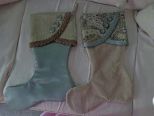 NEW LOT 2 CHRISTMAS STOCKINGS HANDMADE LINED CO-ORDINATING LT BLUE TAN BROWN