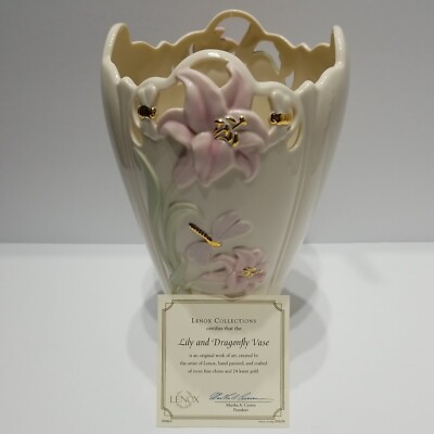 Lenox Lily Dragonfly Vase Gold 24kt Accent Flowers Cream Fine China Gift COA