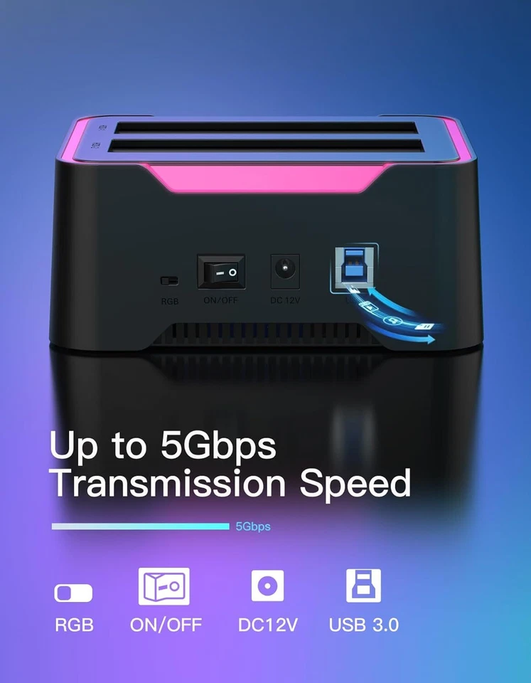 Inateck RGB SATA USB 3.0 Hard Drive Docking Station Offline Clone 2.5" 3.5" HDD - Image 4 of 4