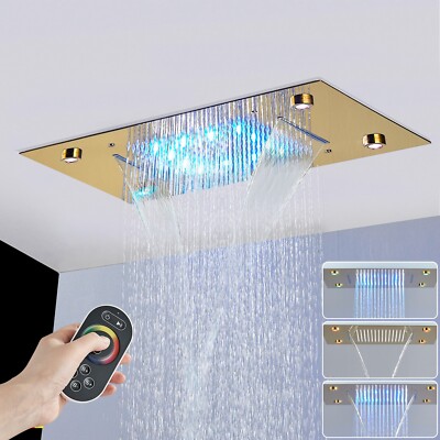Gold Rain Shower Head Combo LED Rainfall&Waterfall Shower Faucet Ceiling Mounted