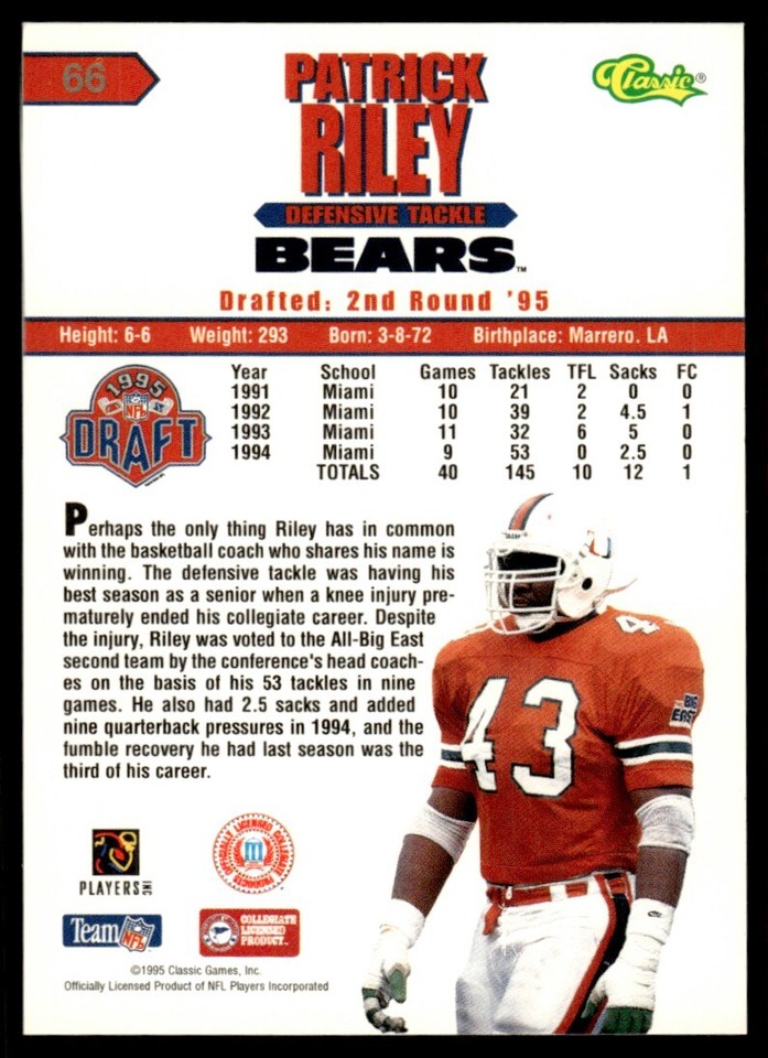1995 Classic NFL Rookies #66 Patrick Riley Rookie Chicago Bears | eBay