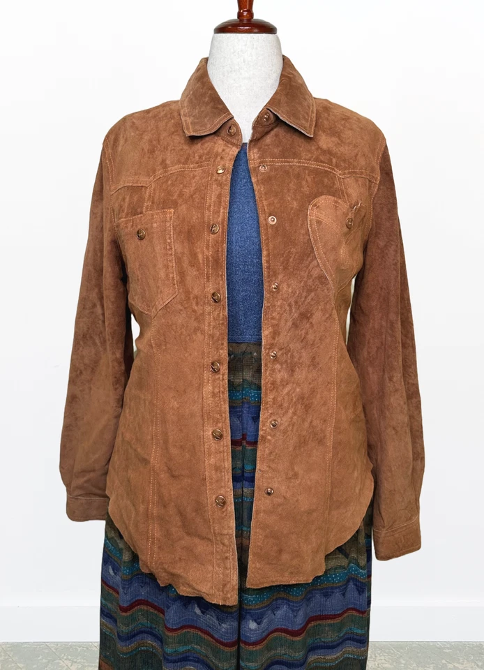 Vintage Y2K Suede Leather Heart Pocket Western Prairie Boho Snap Shacket Size M - Image 2 of 4