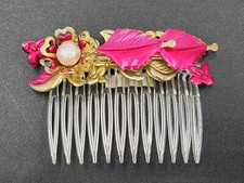 Vintage Thin Metal Flowers  Leaves w/Faux Pearl Plastic Hair Comb Made in Korea